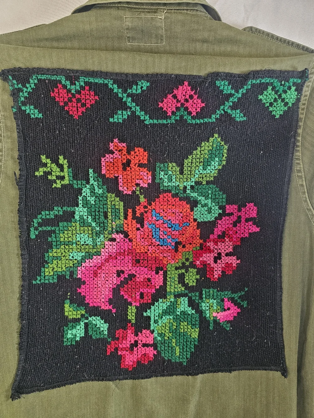 Vintage 1959 Dutch Army HBT Jacket - Reworked Upcycled Folk Floral Cross-Stitch